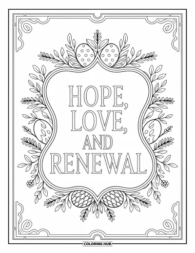 Velikonoční omalovánka pro dospělé: Elegantní rám s nápisem "Hope, Love, and Renewal", obklopený květinovými vzory a velikonočními detaily