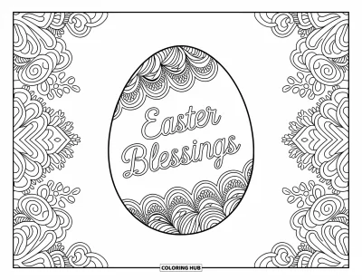 Velikonoční omalovánka pro dospělé: Propracované vajíčko s nápisem "Easter Blessings", obklopené květinovými a geometrickými vzory