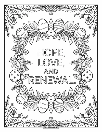 Velikonoční omalovánka pro dospělé: Zdobený rám s nápisem "Hope, Love, and Renewal" obklopený květinovými detaily a velikonočními vajíčky