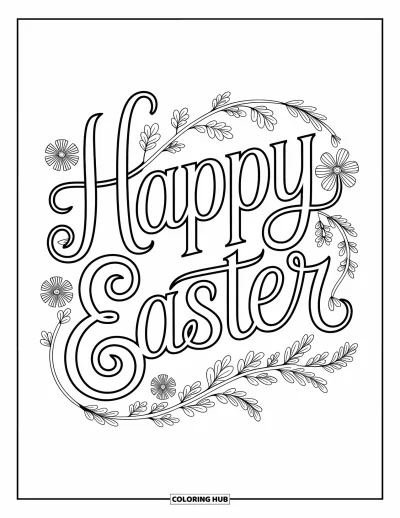 Velikonoční omalovánka pro dospělé: Zdobený nápis "Happy Easter" s květinovými a ornamentálními detaily vetkanými do elegantního písma