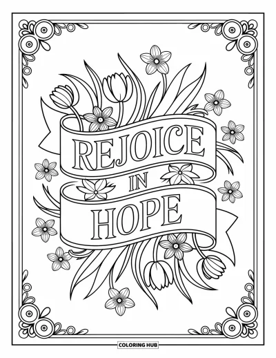 Velikonoční omalovánka pro dospělé: "Rejoice in Hope" na velikonočním banneru, obklopený tulipány, narcisy a jemnými úponky