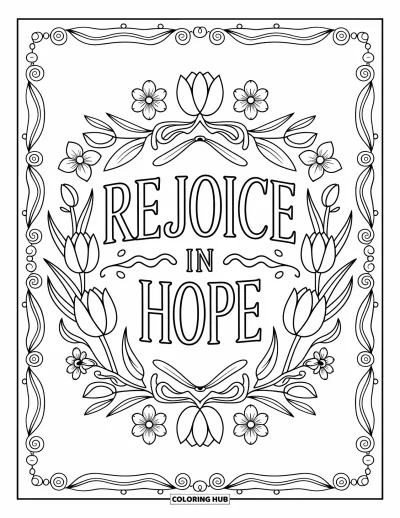 Velikonoční omalovánka pro dospělé: "Rejoice in Hope" napsaný v květinovém velikonočním banneru, plný propracovaných detailů a elegantních vzorů