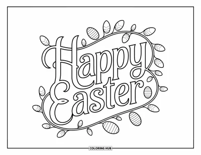 Velikonoční omalovánka pro děti: Krásně zdobený nápis "Happy Easter" ovinutý propracovanými úponky s drobnými ukrytými vajíčky