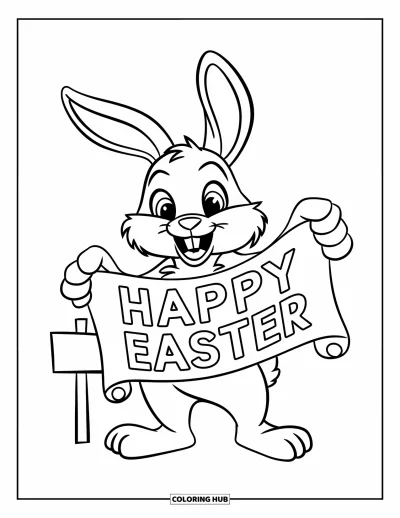 Velikonoční omalovánka pro děti: Zajíček se svitkem "Happy Easter" stojí vedle malé dřevěné cedule