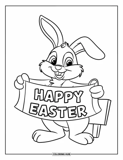 Velikonoční omalovánka pro děti: Zajíček se svitkem "Happy Easter" stojí vedle dřevěné cedule s výraznými obrysy