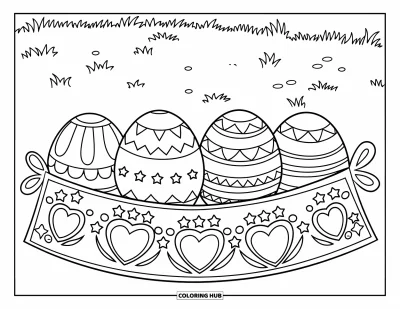 Velikonoční omalovánka pro děti: Půvabný banner "Happy Easter" se vzorovanými vajíčky, květinovými detaily a travnatým pozadím