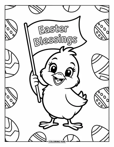 Velikonoční omalovánka pro děti: Veselé kuřátko drží malou vlaječku s nápisem "Easter Blessings", obklopené hravými velikonočními vzory