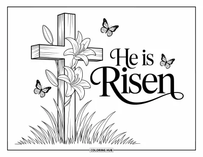 Velikonoční omalovánka pro děti: Velký kříž ozdobený kvetoucími liliemi, s poletujícími motýly a nápisem "He is Risen" nahoře
