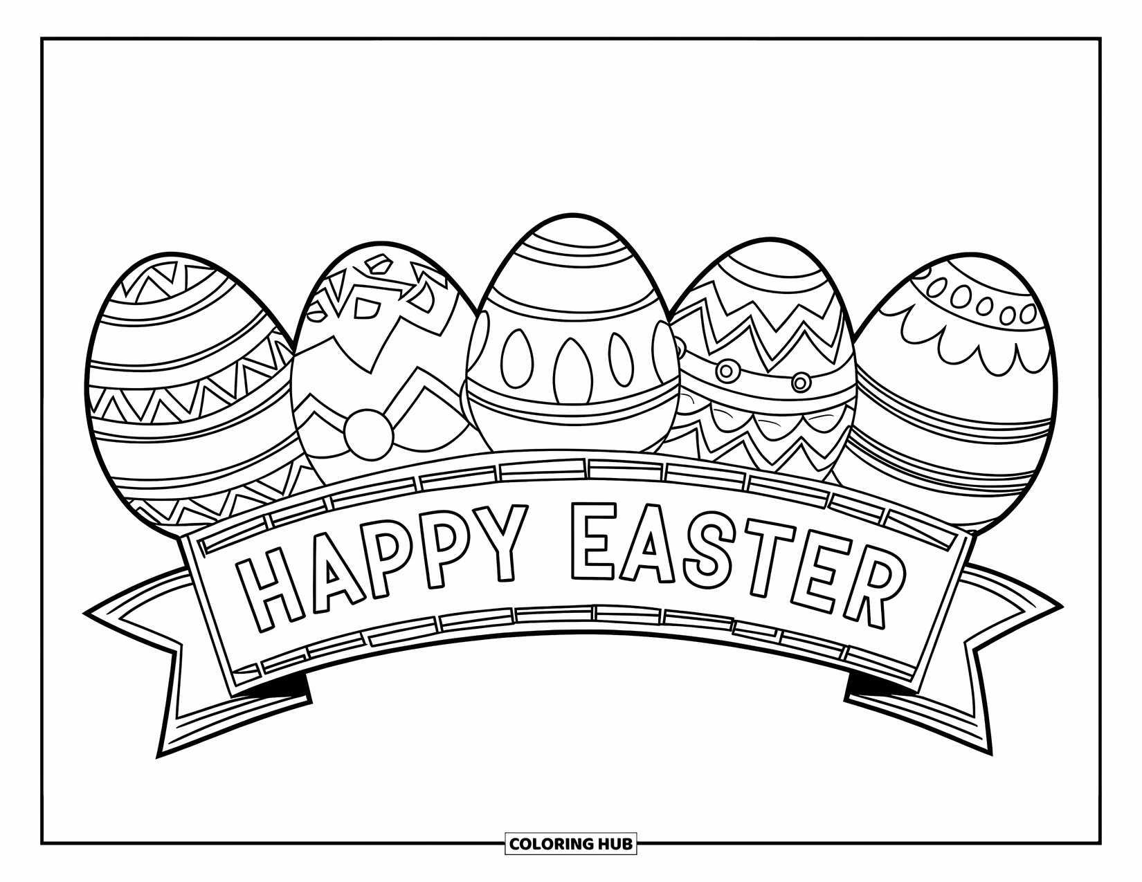 Kolorowanka Wielkanocna dla dzieci: Rząd ozdobionych jajek wielkanocnych siedzi na świątecznym banerze "Happy Easter" z wyraźnymi, czystymi konturami