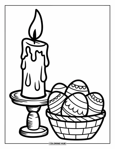 Velikonoční omalovánka pro děti: Vysoká svíce s kapkami vosku stojí vedle košíku roztomilých velikonočních vajíček na dřevěném stojánku