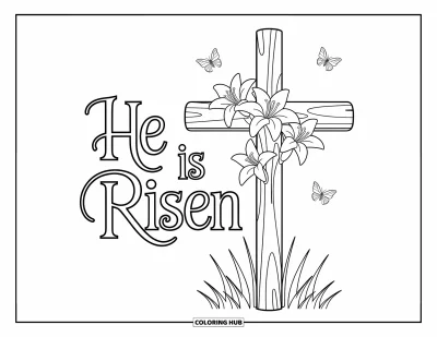 Velikonoční omalovánka pro děti: Dřevěný kříž obklopený velikonočními liliemi, s motýly poletujícími kolem nápisu "He is Risen"