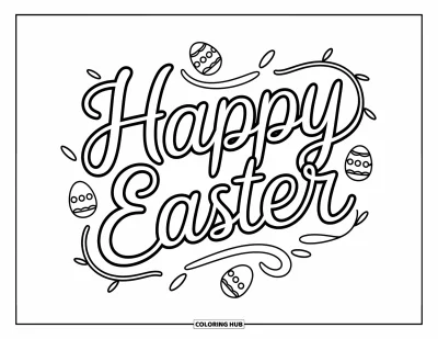 Velikonoční omalovánka pro děti: Elegantní nápis "Happy Easter" obklopený vírivými úponky a jemnými ukrytými velikonočními vajíčky