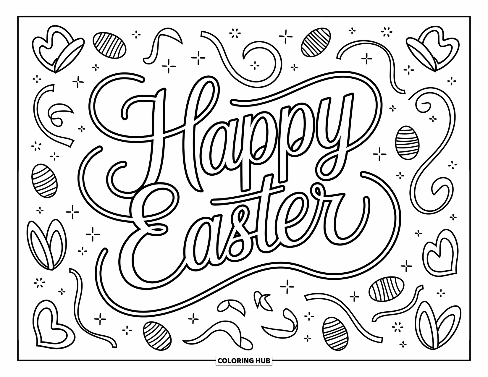 Kolorowanka Wielkanocna dla dzieci: Ozdobny napis "Happy Easter" z wirującymi pnączami, małymi jajkami i zabawnymi detalami