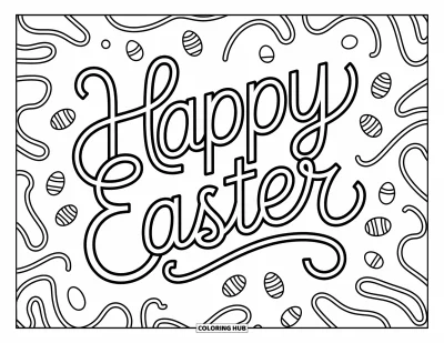 Velikonoční omalovánka pro děti: "Happy Easter" v elegantním ozdobném písmu se vine po stránce, obklopený úponky a ukrytými vajíčky