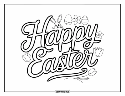 Velikonoční omalovánka pro děti: "Happy Easter" v ladném písmu, obklopený jemnými tulipány, velikonočními vajíčky a zvědavým zajíčkem
