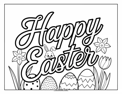 Velikonoční omalovánka pro děti: "Happy Easter" napsaný plynulým písmem, zarámovaný velikonočními vajíčky, narcisy, tulipány a hravým zajíčkem