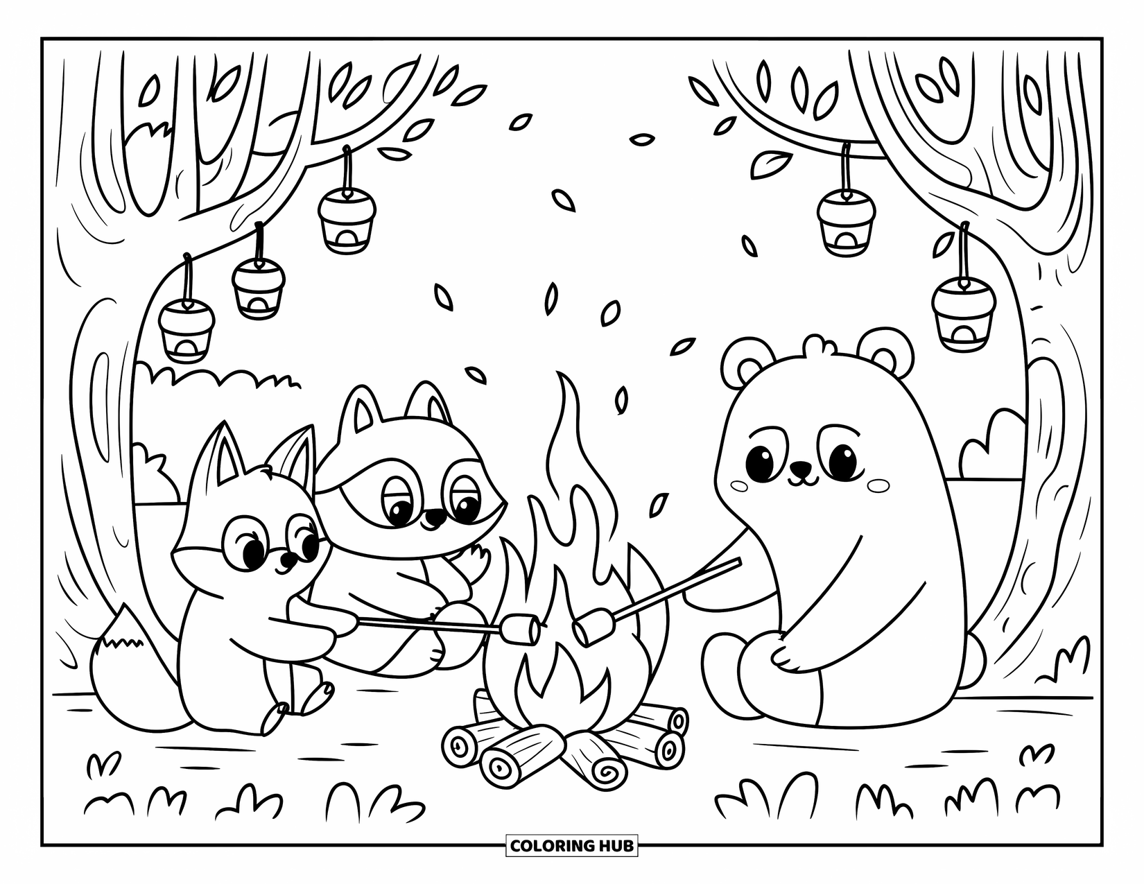 Desenho de outono para colorir para adultos: Um urso, um guaxinim e uma raposa se reúnem em volta de uma fogueira, lanternas brilhando nas árvores próximas