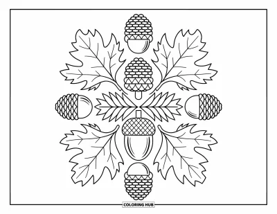 Coloriage d'automne pour adultes : Un magnifique motif circulaire très détaillé de glands, de pommes de pin et de feuilles tourbillonnantes