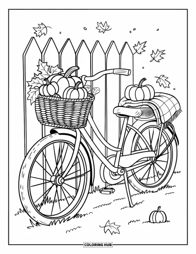 Coloriage d'automne pour adultes : Un vélo avec un panier de trésors d'automne repose contre une clôture en bois rustique