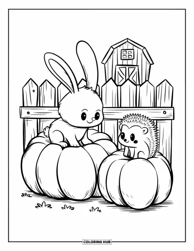 Coloriage d'automne pour adultes : Un lapin et un hérisson se reposent sur des citrouilles près d'une clôture en bois dans un coin chaleureux