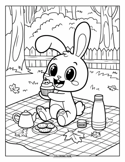 Coloriage d'automne pour adultes : Un lapin profite d'un pique-nique d'automne, entouré de boissons chaudes et de feuilles éparses