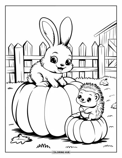 Coloriage d'automne pour adultes : Un lapin perché sur une citrouille tandis qu'un hérisson est assis à côté, profitant de la journée d'automne