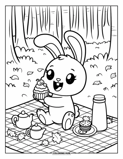 Coloriage d'automne pour adultes : Un lapin est assis sur une couverture à carreaux, tenant un cupcake avec une mini-citrouille au-dessus