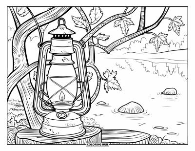 Coloriage d'automne pour adultes : Une charmante lanterne diffuse une lueur douce, entourée de branches enroulées et de feuillage d'automne