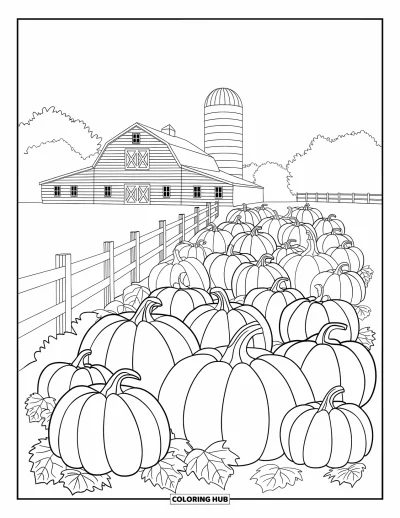 Coloriage d'automne pour adultes : Un charmant champ de citrouilles avec une grange patinée et un silo en arrière-plan