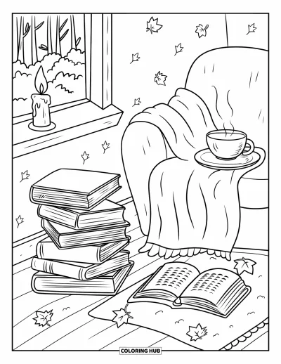 Coloriage d'automne pour adultes : Un charmant espace lecture avec une tasse de thé, des livres empilés et une vue sur des arbres d'automne