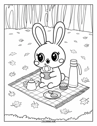 Coloriage d'automne pour adultes : Un lapin souriant tient un cupcake festif tout en étant assis sur une couverture de pique-nique confortable