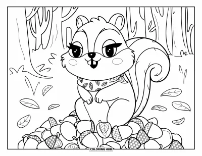 Coloriage d'automne pour adultes : Un tamia joyeux est assis parmi des glands éparpillés, enveloppé dans une écharpe chaude d'automne