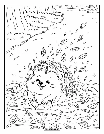 Coloriage d'automne pour adultes : Un hérisson joyeux roule dans des feuilles d'automne, profitant d'une journée fraîche et légère