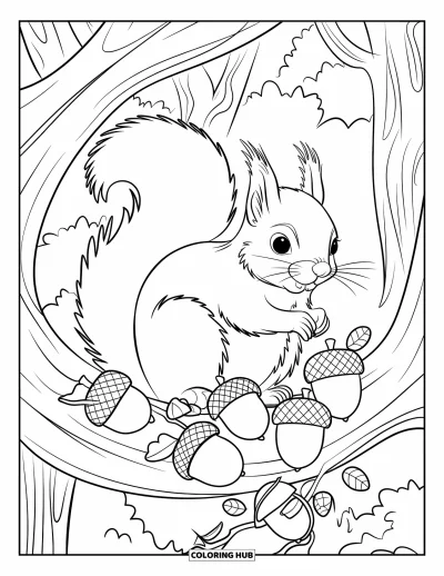 Coloriage d'automne pour adultes : Un écureuil joyeux est assis sur une branche, encadré par des glands et des vignes tourbillonnantes