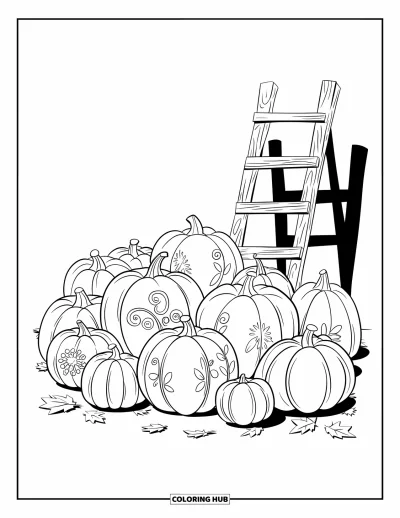 Coloriage d'automne pour adultes : Une collection de citrouilles aux motifs floraux est exposée sur un présentoir en bois rustique