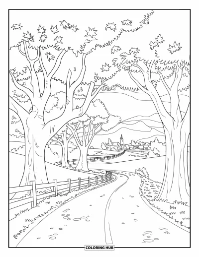 Coloriage d'automne pour adultes : Une route de campagne serpente entre les arbres, menant à un village aux maisons à toits rouges