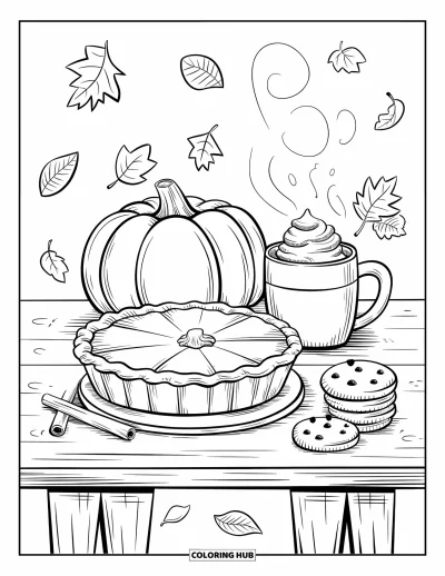 Coloriage d'automne pour adultes : Une scène d'automne douillette avec une tarte à la citrouille, des biscuits et une tasse de thé épicé