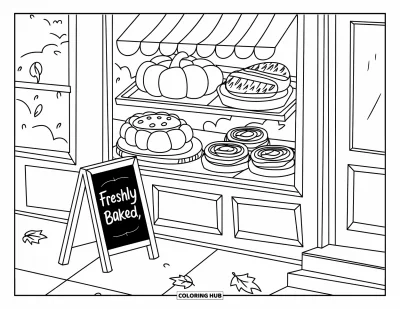 Coloriage d'automne pour adultes : Une vitrine de boulangerie accueillante expose du pain à la citrouille, des tartelettes aux pommes et des roulés à la cannelle