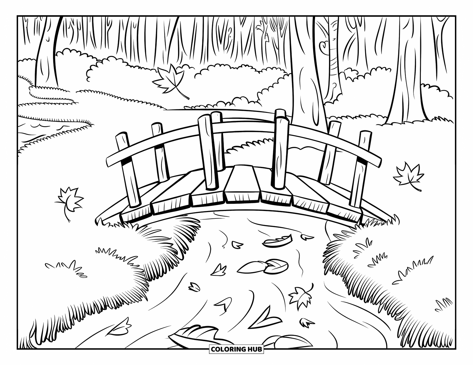 Desenho de outono para colorir para adultos: Uma ponte aconchegante com uma grade fica sobre um riacho rochoso, emoldurada por altas árvores de outono