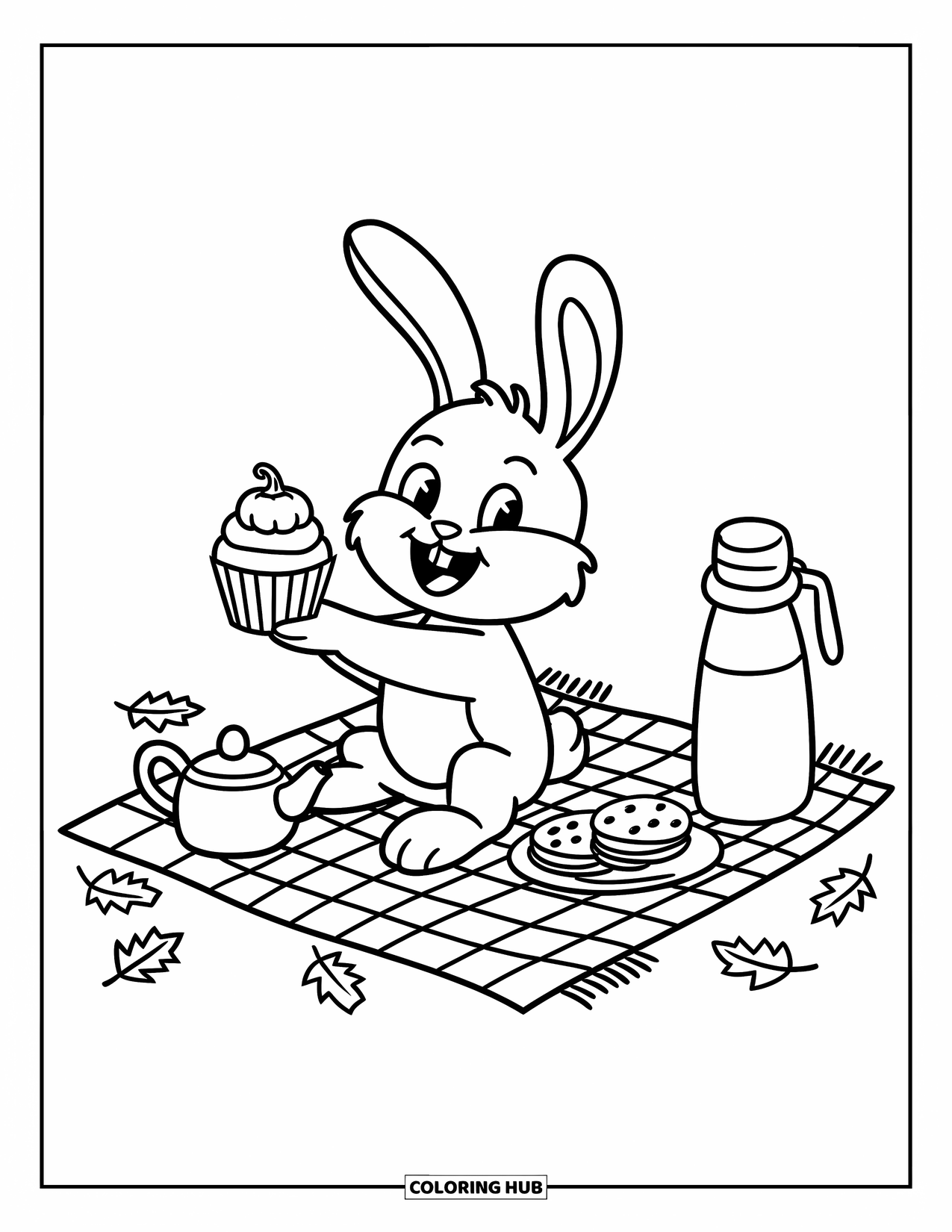 Desenho de outono para colorir para adultos: Um coelho aconchegante desfruta de um piquenique com biscoitos, um bule de chá e folhas de outono ao redor