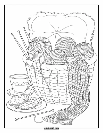 Coloriage d'automne pour adultes : Un coin tricot douillet avec un panier de laine, des aiguilles et une tasse de thé fumante