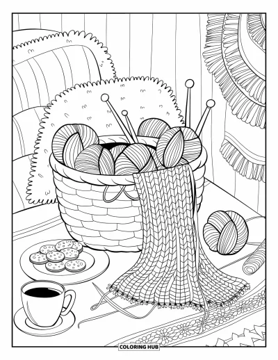 Coloriage d'automne pour adultes : Un coin tricot confortable avec des pelotes colorées, une tasse de thé et un coussin moelleux à côté