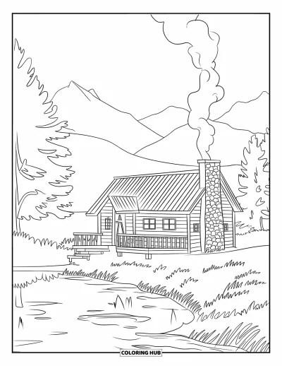 Coloriage d'automne pour adultes : Une cabane confortable au bord du lac, avec de la fumée qui s'enroule depuis la cheminée, se reflète dans l'eau