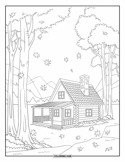 Coloriage d'automne pour adultes : Une cabane en bois accueillante se trouve dans les bois, avec de grands arbres et des feuilles d'automne qui tombent