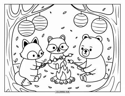 Coloriage d'automne pour adultes : Un feu de camp forestier réconfortant où trois amis animaux grillent des guimauves et racontent des histoires