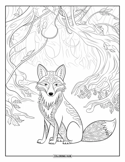 Coloriage d'automne pour adultes : Un renard curieux se repose parmi des arbres anciens, entouré de vignes grimpantes et de champignons
