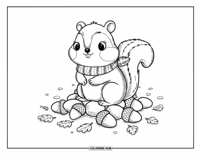 Coloriage d'automne pour adultes : Un mignon tamia aux joues gonflées est assis sur un tas de glands, portant une écharpe feuillue