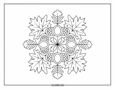 Coloriage d'automne pour adultes : Un motif décoratif d'automne avec glands, feuilles et pommes de pin dans un design équilibré