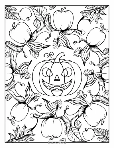 Coloriage d'automne pour adultes : Un mandala décoratif avec citrouilles, pommes et une spirale de feuilles qui tombent