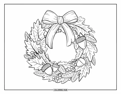 Coloriage d'automne pour adultes : Une couronne délicate de feuilles d'automne, de glands et de pommes de pin nouée avec un ruban douillet
